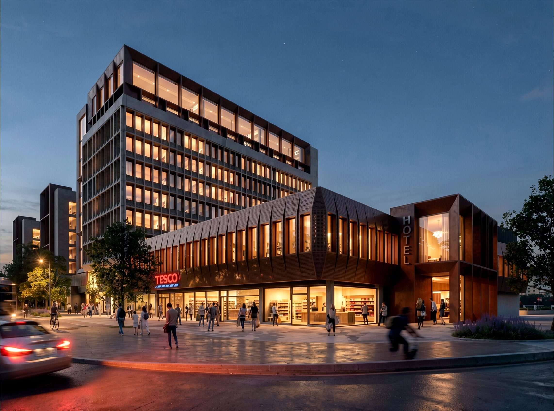 Evening view of hotel tower and retail plinth from Phibsborough Road