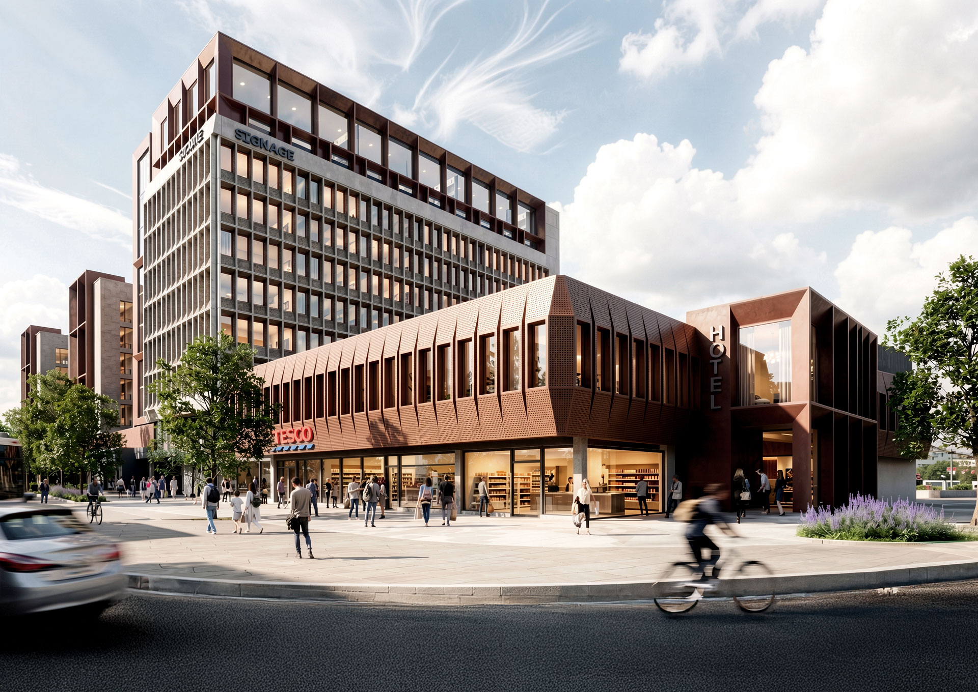 Aerial view of the regenerated shopping centre with refurbished brutalist tower and new Tesco frontage