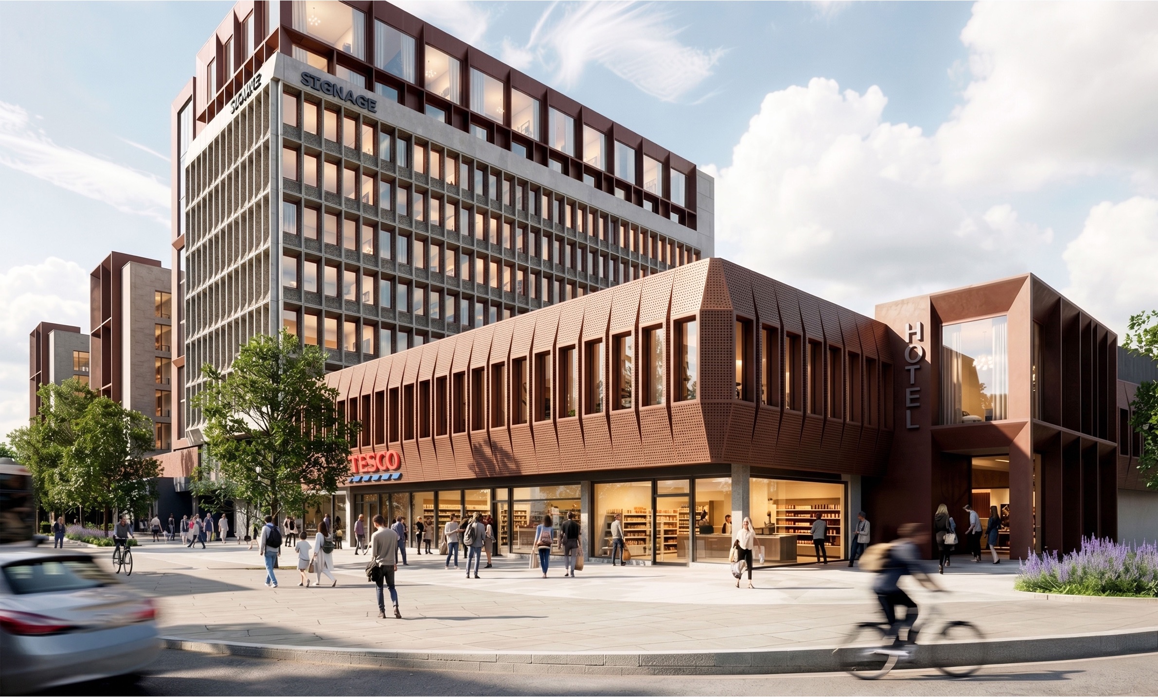 Aerial view of the regenerated shopping centre with refurbished brutalist tower and new Tesco frontage
