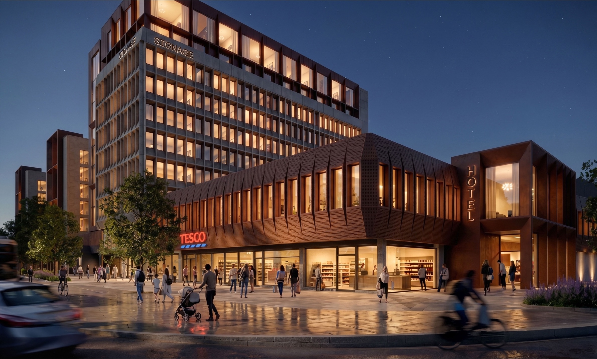 Night view of hotel tower and retail plinth