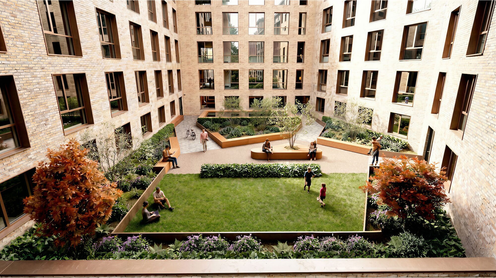 Block B inner courtyard with garden, seating and student gathering spaces